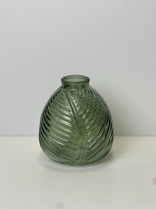 Green Vintage Leaf Design Glass Vase - 13cm