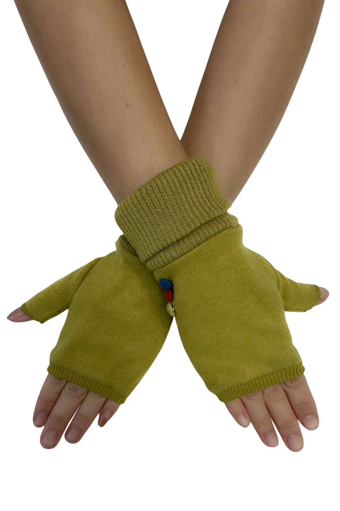 Plain Button Fingerless Gloves - Olive