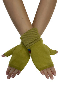 Plain Button Fingerless Gloves - Olive