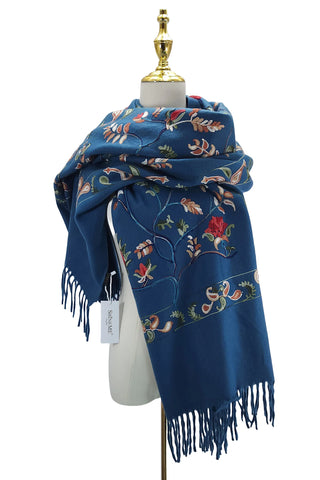 Embroidered Floral Paisley Wool Blanket Tassel Scarf -Teal