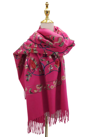 Embroidered Floral Paisley Wool Blanket Tassel Scarf -Fuchsia