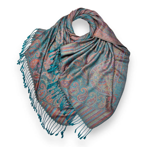 Jacquard Paisley Pashmina - Teal Green