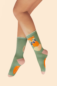 Cosy Fox Ankle Socks - Sage