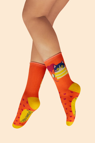 Love Kitty Ankle Socks - Tangerine