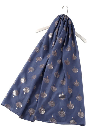 Rose Gold Foiled Tree Print Scarf- Denim